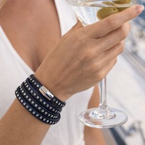 Navy Multi-Row Crystal Wrap Bracelet with Silver Clasp